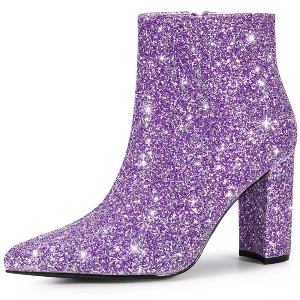 Glitter Pointed Toe Chunky Heel Sparkly Booties Ankle Boots Purple
